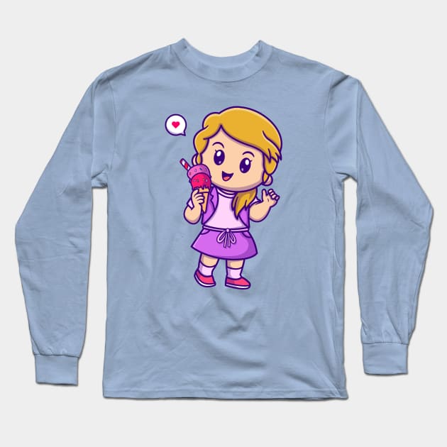 Cute Girl Holding Ice Cream Cartoon Long Sleeve T-Shirt by Catalyst Labs